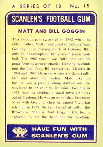 1963 Scanlens VFL #15 Bill Goggin / Matt Goggin Back